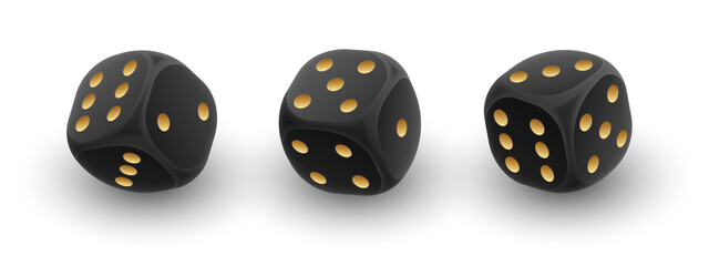 Three black dice from different sides with golden dots on white background. Concept for casino, game design. Vector illustration for card, party, flyer, poster, decor, banner, web, advertising.