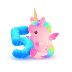 Cute plump pink unicorn with horn, rainbow hair and blue number 5. Holiday, birthday  illustration for postcard greeting card, banner, decor, design, arts,  party on white background.