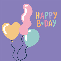 happy birthday lettering with balloons on a purple background