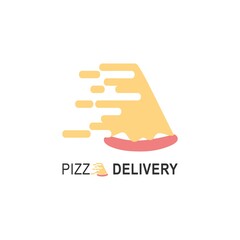 Fast pizza delivery logo for cafe packaging and restaurant service. Fast food logo with modern flat vector illustration. Pizza speed logo for Italian pizzeria with minimalistic style pizza restaurant.