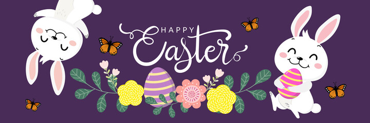 Fototapeta na wymiar Happy Easter greeting card with cute white bunny and eggs. Rabbit character set. Animal wildlife holidays cartoon. -Vector.
