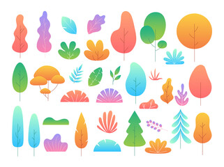 Flat minimal tree and leaves. Vector set with garden plants, branches, bushes and leaves in simple flat style. Cartoon floral collection for banner, poster, cover design, web. Trendy spring leaves