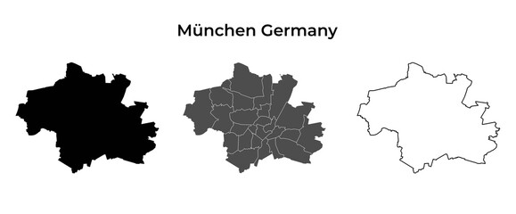 Obraz premium Munchen Germany Blank Map Black Silhouette and Outline Vector Isolated on White