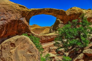 Oblique view of Double O Arch. Arches National Park, Utah, MOAB, US