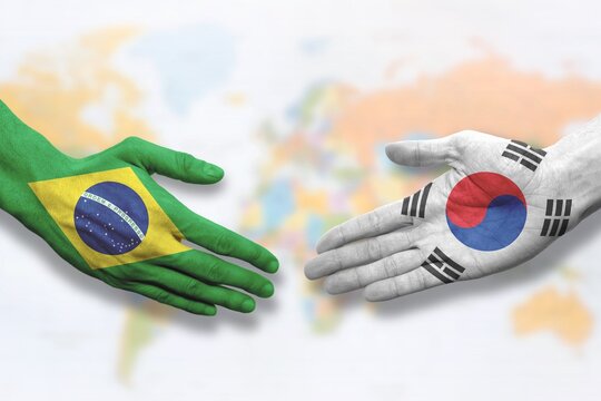 Brazil and South Korea - Flag handshake symbolizing partnership and cooperation
