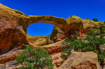 Oblique view of Double O Arch. Arches National Park, Utah, MOAB, US