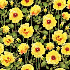 Seamless pattern of watercolor yellow roses. Illustration of flowers. Vintage style