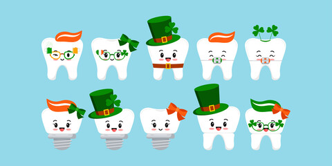 St Patrick day tooth icon set isolated. Dentist cute white teeth, crown, implant, with braces character and irish celebration signs. Flat design cartoon vector Happy paddy's day clip art illustration.