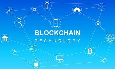 Blockchain with icons vector background illustration. Blockchain concept with legal global network connections. Cryptocurrency, digital money, smart contracts, modern internet technology for business.
