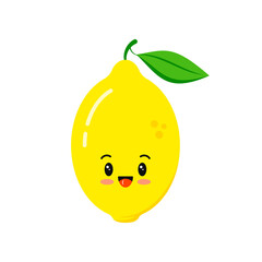 Cute happy lemon fruit icon isolated on white background. Funny cartoon summer kids character - smiling citrus emoticon. Fresh yellow baby lemon with green leaf mascot flat design vector illustration.