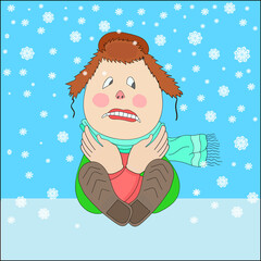 Man freezing in winter cold wearing woolen hat and  with scarf