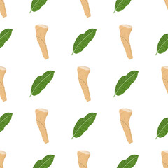 Seamless pattern with horseradish root and green leaf. Vector nature graphic background. Natural textile.