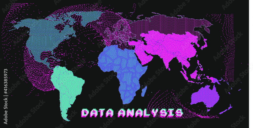Aufkleber Map of the World in pixel art style. Retrofuturistic cyberpunk user interface, sci-fi hacker UI.
