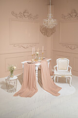 Dining table in a cozy retro pastel interior