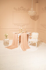 Dining table in a cozy retro pastel interior