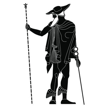Standing ancient Greek god Hermes or Mercury in hat and winged sandals holding wand and caduceus. Black and white silhouette.