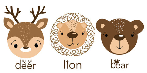 Set of vector animal face in Scandinavian style for fabrics, paper, textile, gift wrap isolated on white background. Scandi animals deer, lion, bear