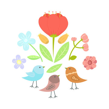Vector illustration of coloured flowers set and birds on white background. Spring and summer nature. 