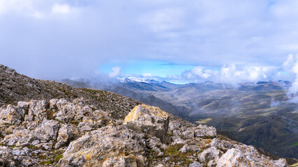 view of hills in the background, covered with snow and a cloudy sky on a cold and cloudy day