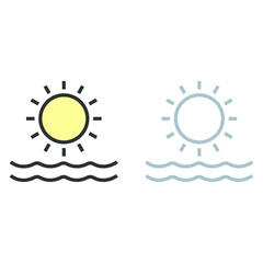 Vector illustration of travel and vocation icon on white background. Coloured and black and white sun and ocean/ sea icon.