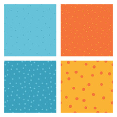Polka dot vector background set. Random dotted seamless patterns. Fresh orange and water blue colors. Card templates.