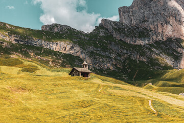 Panoramic view of the Seceda, high mountain in the Dolomites in South Tyrol, Italy.