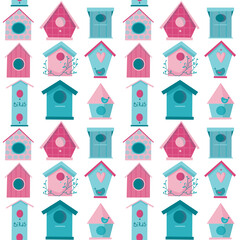 Pink and blue cute birdhouses and birds in Spring orSummer time. Vector seamless pattern for wallpaper, textile, banners