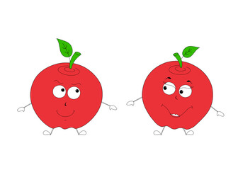 cartoon characters flirting with each other, a couple of cute red apples. digital illustration isolated on white