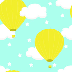 Seamless pattern with white clouds and yellow balloons on a blue sky background. For printing on fabrics, textiles, paper, bedding. Vector graphics.