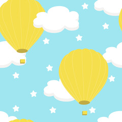 Seamless pattern with white clouds and yellow balloons on a blue sky background. For printing on fabrics, textiles, paper, bedding.
