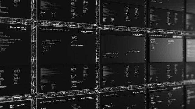 Codes and numbers in 3d tables. Animation. Virtual tables with numeric cells in computer database. Inside computer software information space