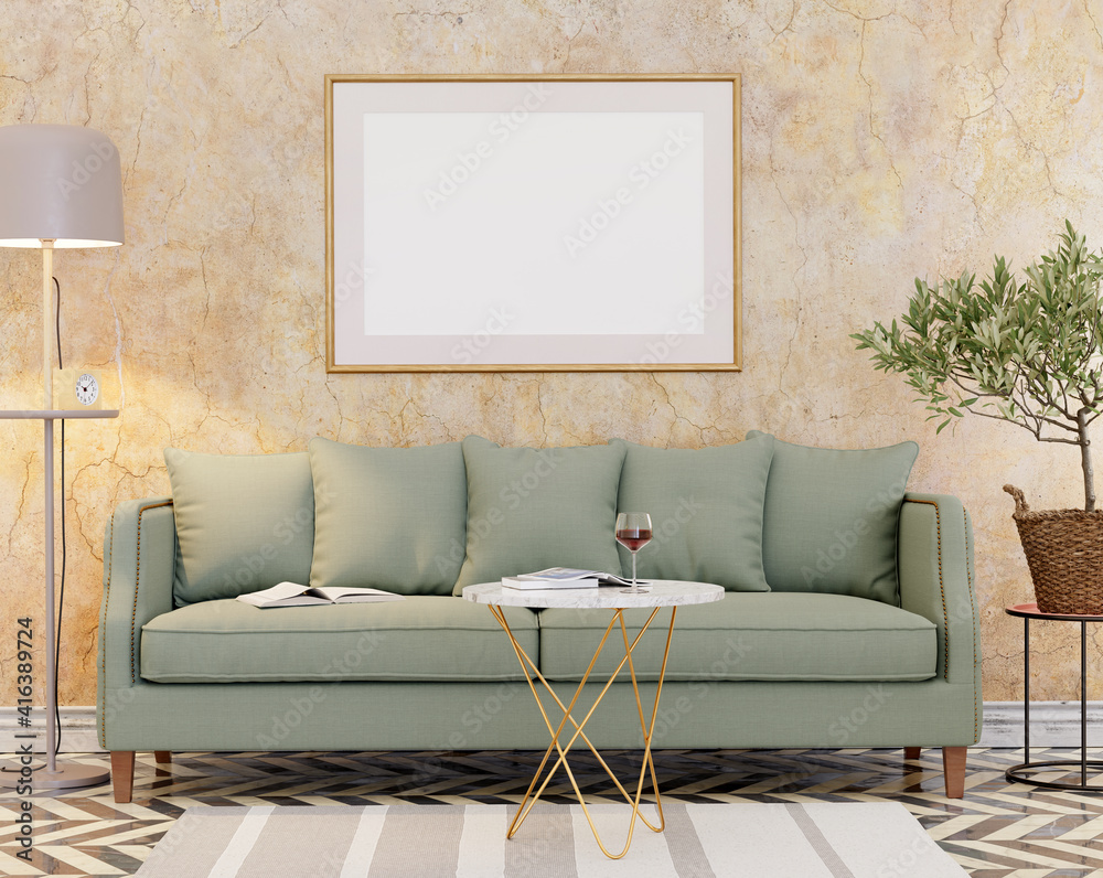 Aufkleber retro room with couch, coffee table, floor lamp, olive tree and mock up picture. 3d render. 3d illus