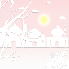 Naklejka premium Go to Mosque in natural landscape with white paper cut out effect background. Islamic greetings Ramadan Kareem and Eid Mubarak card flat design for Muslim community celebration. Vector illustration.