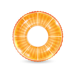 Inflatable ring looking like orange isolated on white background. Realistic colorful rubber swimming buoy. Vector illustration of top view at pool floater in fruit shape, beach toy
