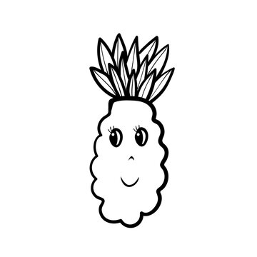 Vector illustration of pineapple on a white background. Fruit with eyes and smile. Cartoon style cute illustration.