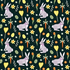 Easter spring seamless pattern with rabbits, carrots and colored eggs