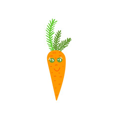 Funny carrot vegetable with eyes and smile. Vector illustration in cartoon style.