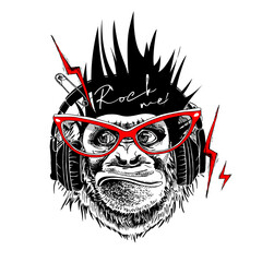 Fototapeta premium Collage in a Rock Culture style. Monkey with a Mohawk hair style, in a headphones and glasses with lightning, pin. Poster, t-shirt composition, hand drawn style print. Vector illustration.