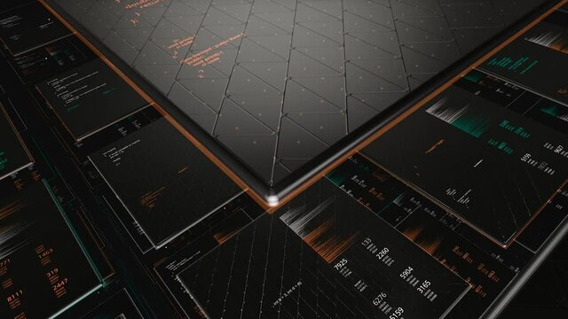 3d database. Animation. Information server with data summaries in tables. Virtual database in computer space of future