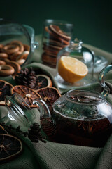 aromatic hot cinnamon tea on wooden table