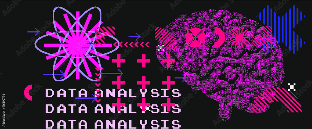 Poster Chalkboard with drawings and schemes of atomic particles and human brain. Concept vector illustration of Quantum mechanics Theory, power anf genius of the mind.