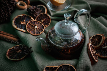 aromatic hot cinnamon tea on wooden table