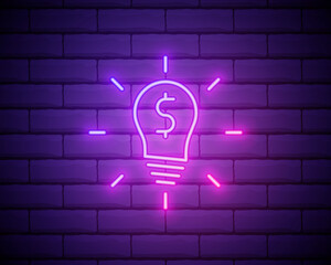 Glowing neon Light bulb with dollar symbol icon isolated on brick wall background. Money making ideas. Fintech innovation concept. Vector Illustration