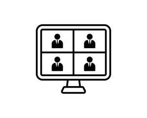Video conference icon. People on computer screen. Home office in quarantine times. Digital communication. Internet teaching media.