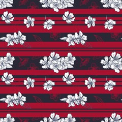 striped seamless pattern with blooming cherry flowers and leaves