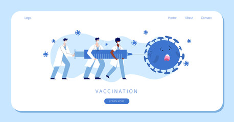 Doctors and nurses fight coronavirus with covid-19 vaccine. People carry big syringe with antivirus shot and inject pathogen. Healthcare, coronavirus, prevention and immunize. Stop covid pandemic.