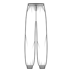 Sweatpants technical fashion illustration with elastic cuffs, low waist, rise, full length, drawstrings. Flat knit training trousers apparel template front, white color. Women men unisex CAD mockup