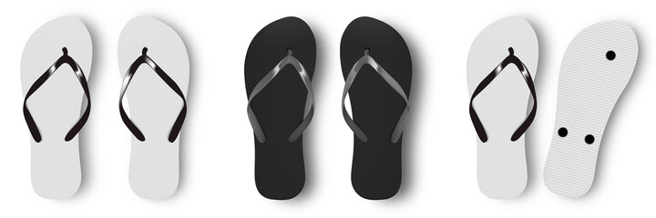 Beach flip flops slippers vector design template. Realistic 3d blank mockup. Beach slippers sign. Monochrome Flip Flops. - obrazy, fototapety, plakaty