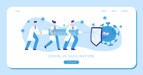 Doctors and nurses fight coronavirus with covid-19 vaccine. People carry big syringe with antivirus shot and inject pathogen. Healthcare, coronavirus, prevention and immunize. Stop covid pandemic.