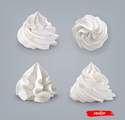 Obraz na płótnie Canvas Set of whipped cream isolated on blue background. 3d realistic vector illustration of whipped cream.